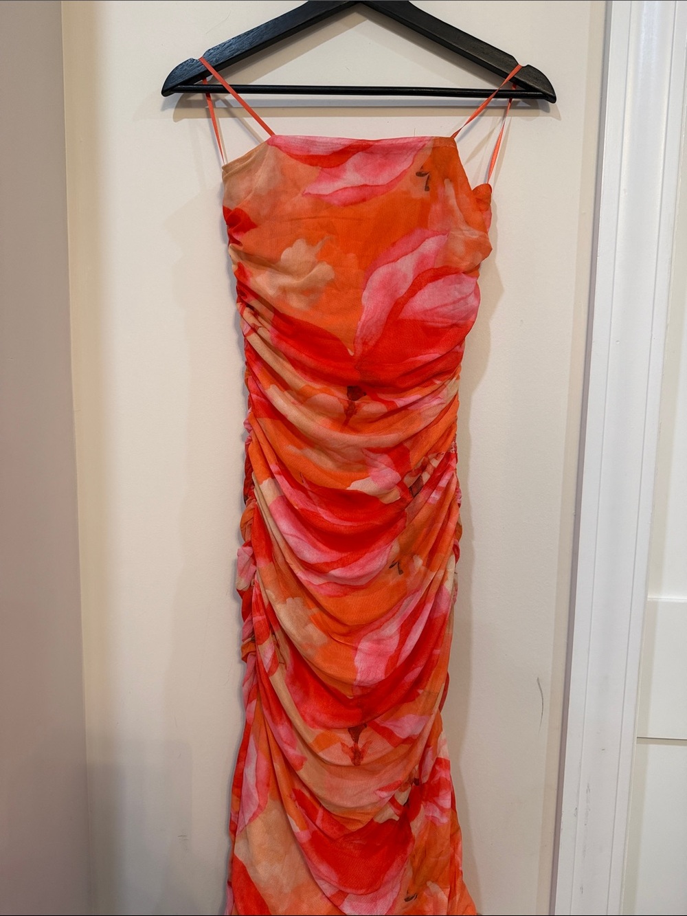 Orange and Pink Floral Ruched Slip Maxi Dress